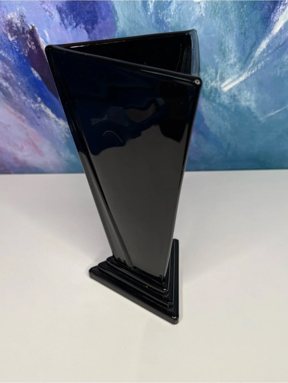 New Martinsville Black Glass Vase Triangular Triangle Art Deco Antique Vintage